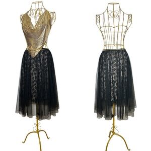 Haute Monde Black Lace Gothic Tulle Midi Skirt with Gold Waist Trim, Size M